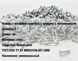 Шуруп с потайной головкой, с шлицем, с наконечником 5х25 сталь белый цинк ГОСТ: ТУ BY 400024166.007-2008 универсальный